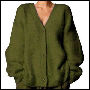 Oversized Mohair Cardigan V-Neck Button Down Fuzzy Sweater Women's